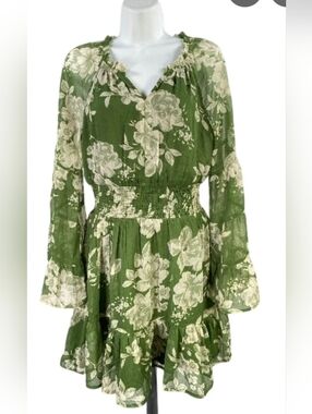 Patrons of Peace Olive Green Floral Smocked-Waist Long Sleeve Dress